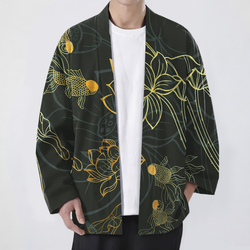 Buddha Stones Cotton Koi Lotus Pattern Open Front Men's Kimono - Black - US/UK/AU48,EU58 (4XL) - image 9