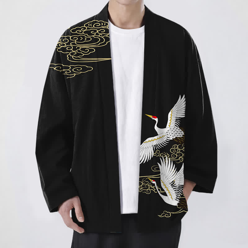 Buddha Stones Cotton White Crane Auspicious Cloud Pattern Open Front Men's Kimono - Black - US/UK/AU48,EU58 (4XL) - image 0