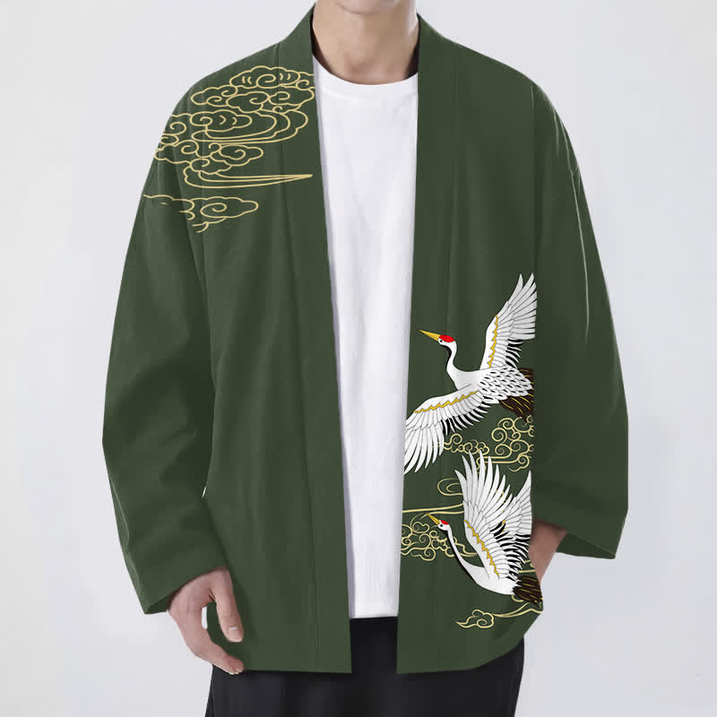 Buddha Stones Cotton White Crane Auspicious Cloud Pattern Open Front Men's Kimono - DarkOliveGreen - US/UK/AU48,EU58 (4XL) - image 6
