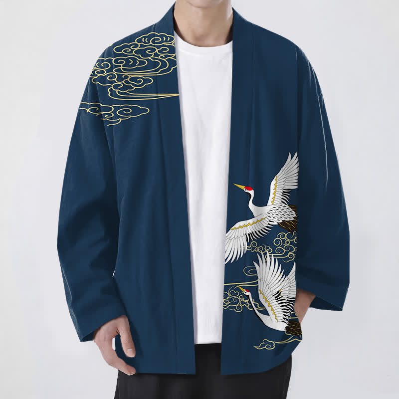 Buddha Stones Cotton White Crane Auspicious Cloud Pattern Open Front Men's Kimono - Navy - US/UK/AU48,EU58 (4XL) - image 9