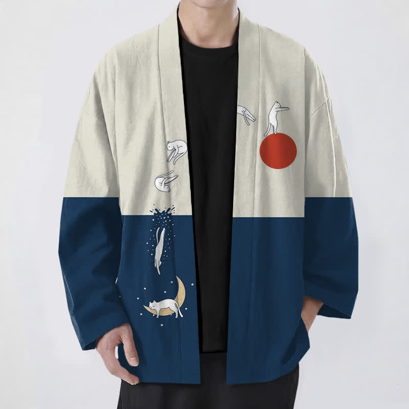 Buddha Stones Cotton Cat Sun Crescent Pattern Open Front Men's Kimono - Navy - US/UK/AU48,EU58 (4XL) - image 0