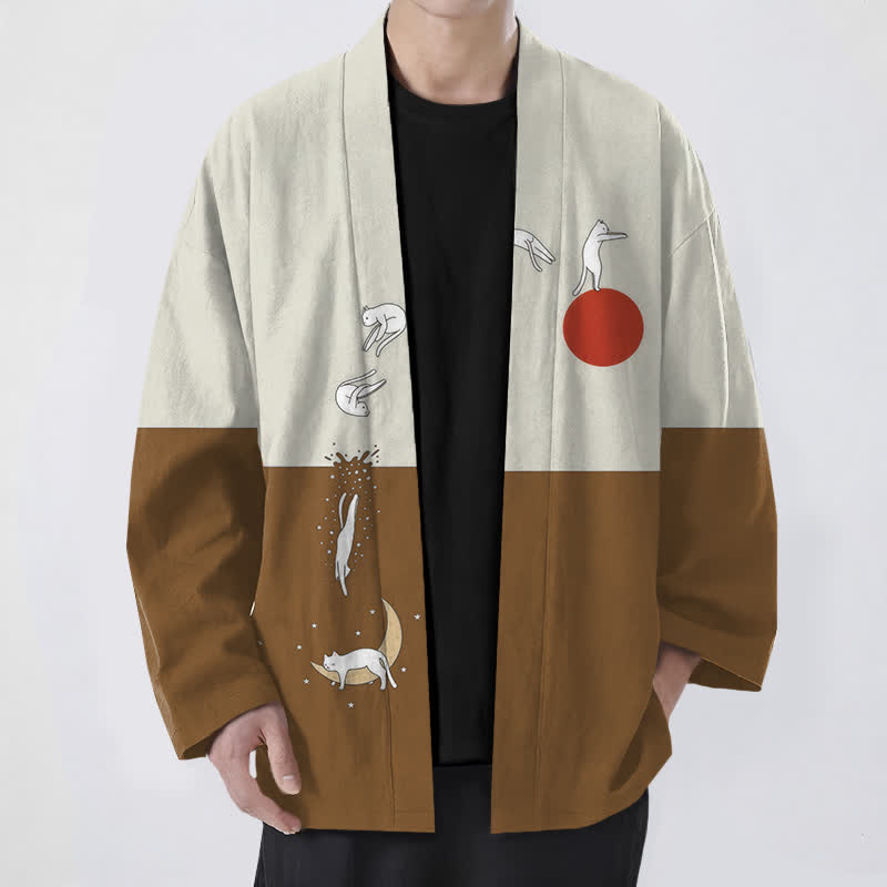 Buddha Stones Cotton Cat Sun Crescent Pattern Open Front Men's Kimono - Peru - US/UK/AU48,EU58 (4XL) - image 6