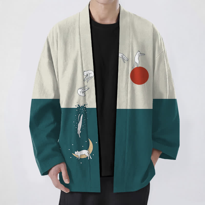 Buddha Stones Cotton Cat Sun Crescent Pattern Open Front Men's Kimono - Teal - US/UK/AU48,EU58 (4XL) - image 9