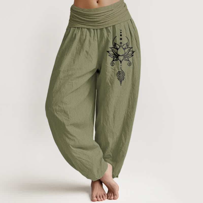 Buddha Stones Pure Cotton Zen Lotus Geometry Pattern Women's Elastic Waist Harem Pants - OliveDrab - US16,UK/AU20,EU48 (3XL) - image 14