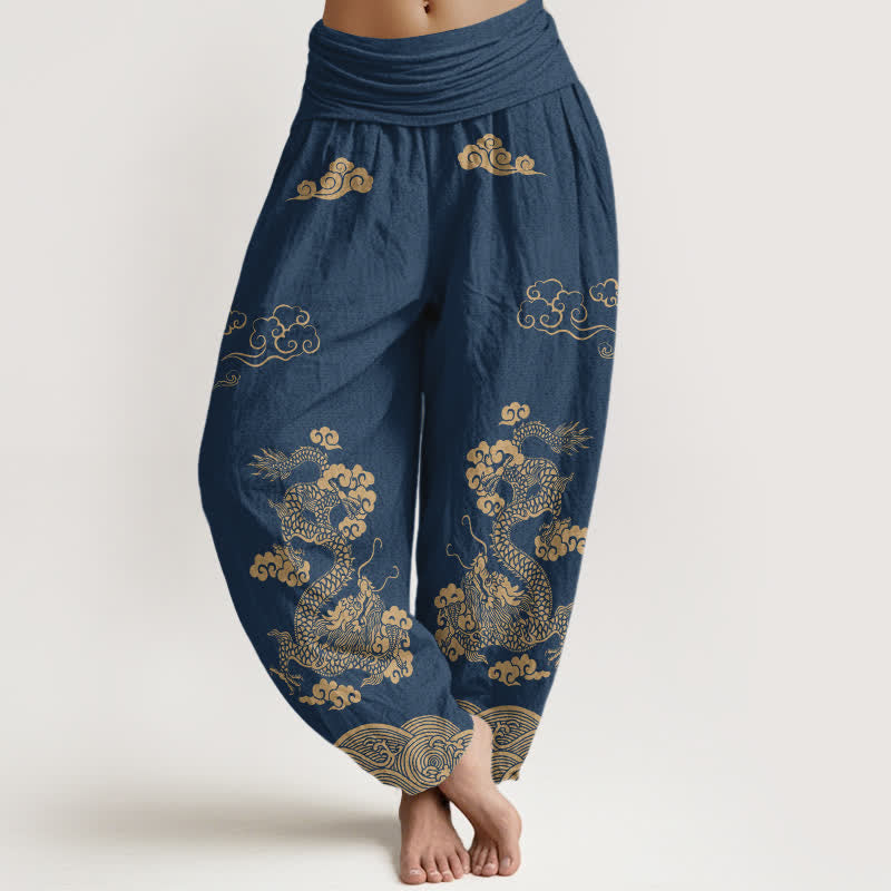 Buddha Stones Cotton Vintage Dragon Swirl Cloud Pattern Women's Elastic Waist Harem Pants - Navy - US16,UK/AU20,EU48 (3XL) - image 0