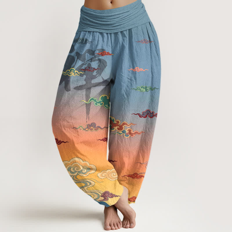 Buddha Stones Cotton Zen Oriental Cloud Wash Pattern Women's Elastic Waist Harem Pants - Orange - US16,UK/AU20,EU48 (3XL) - image 0