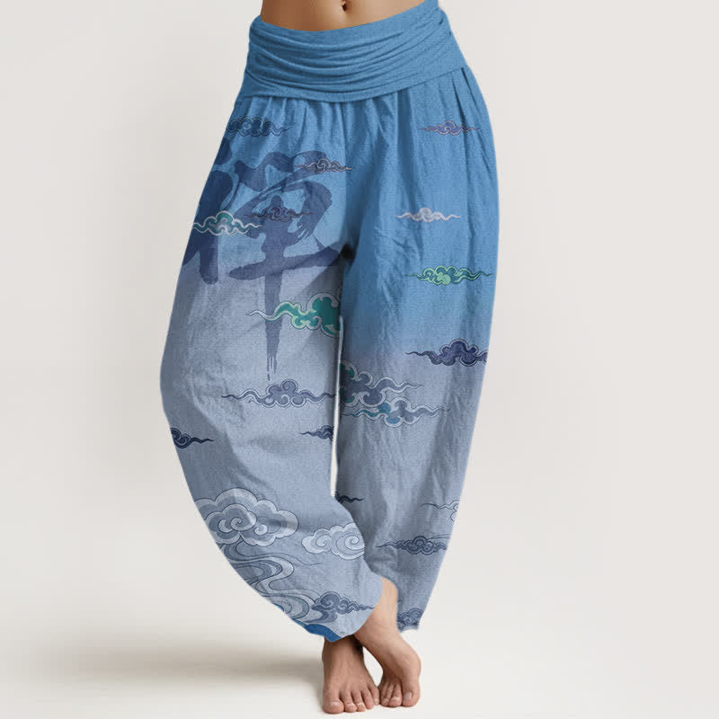 Buddha Stones Cotton Zen Oriental Cloud Wash Pattern Women's Elastic Waist Harem Pants - SkyBlue - US16,UK/AU20,EU48 (3XL) - image 5