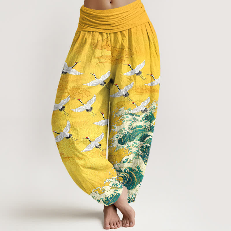 Buddha Stones Cotton White Crane Sea Wave Pattern Women's Elastic Waist Harem Pants - Gold - US16,UK/AU20,EU48 (3XL) - image 0