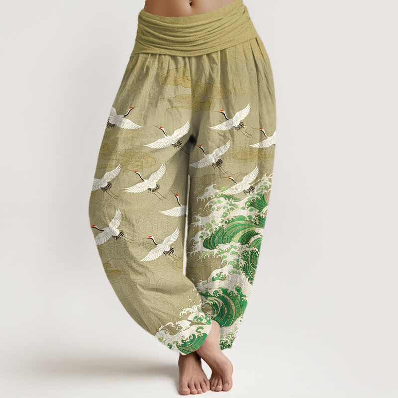 Buddha Stones Cotton White Crane Sea Wave Pattern Women's Elastic Waist Harem Pants - PaleGoldenrod - US16,UK/AU20,EU48 (3XL) - image 5