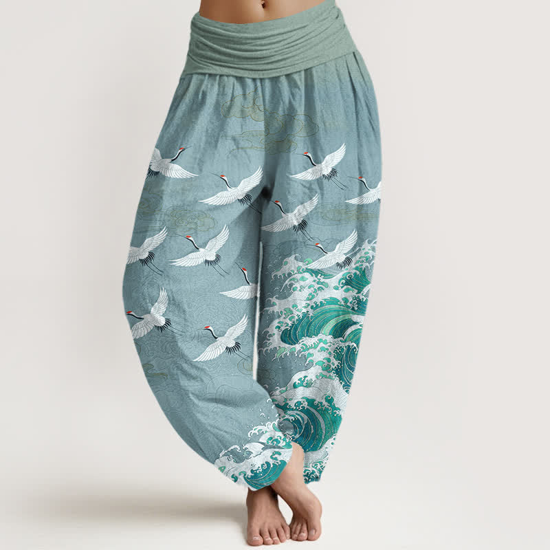 Buddha Stones Cotton White Crane Sea Wave Pattern Women's Elastic Waist Harem Pants - MediumTurquoise - US16,UK/AU20,EU48 (3XL) - image 8