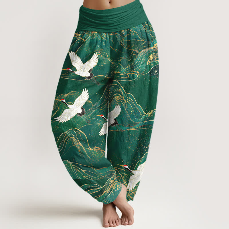 Buddha Stones Cotton Oriental Crane Mountain Pattern Women's Elastic Waist Harem Pants - ForestGreen - US16,UK/AU20,EU48 (3XL) - image 0