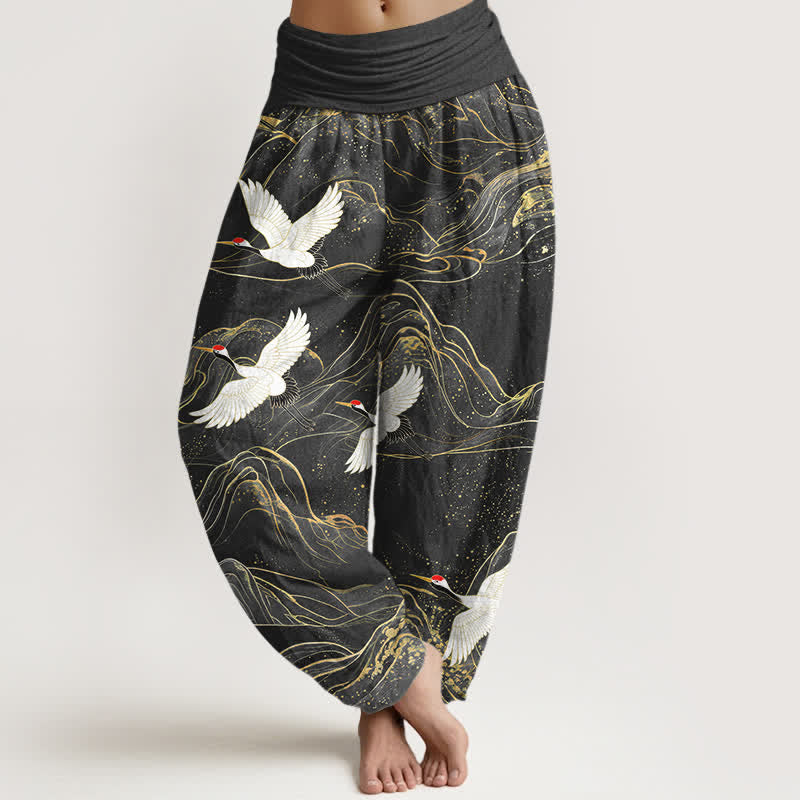 Buddha Stones Cotton Oriental Crane Mountain Pattern Women's Elastic Waist Harem Pants - Black - US16,UK/AU20,EU48 (3XL) - image 5