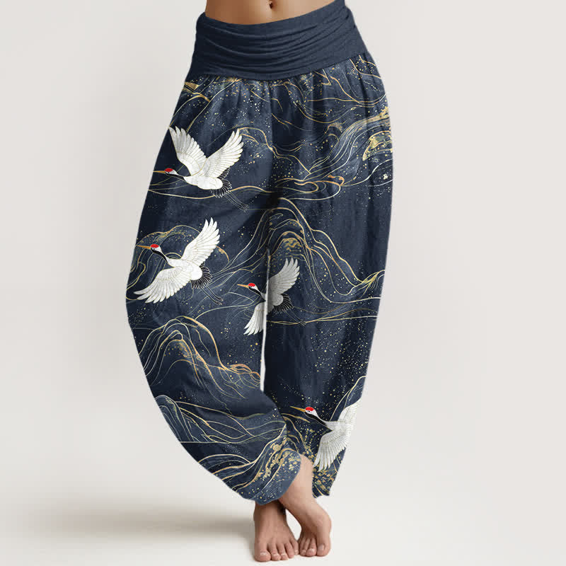 Buddha Stones Cotton Oriental Crane Mountain Pattern Women's Elastic Waist Harem Pants - MidnightBlue - US16,UK/AU20,EU48 (3XL) - image 8