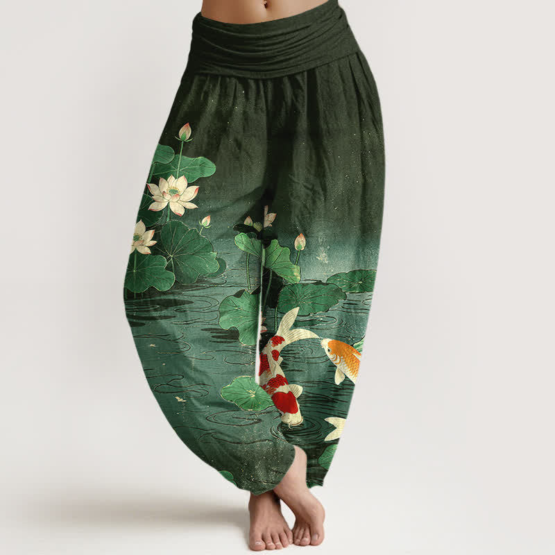Buddha Stones Cotton Blooming Lotus Koi Pattern Women's Elastic Waist Harem Pants - DarkGreen - US16,UK/AU20,EU48 (3XL) - image 5