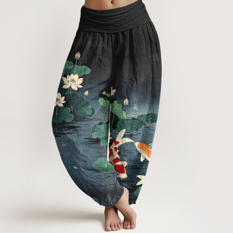 Buddha Stones Cotton Blooming Lotus Koi Pattern Women's Elastic Waist Harem Pants - Black - US16,UK/AU20,EU48 (3XL) - image 8