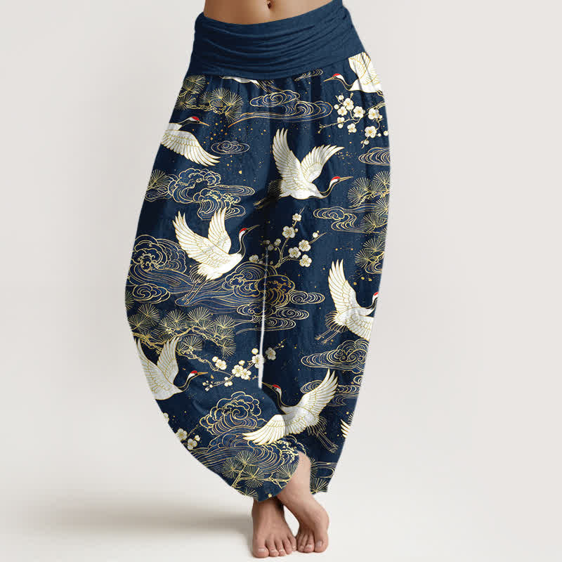 Buddha Stones Cotton Oriental Crane Floral Pattern Women's Elastic Waist Harem Pants - Navy - US16,UK/AU20,EU48 (3XL) - image 0