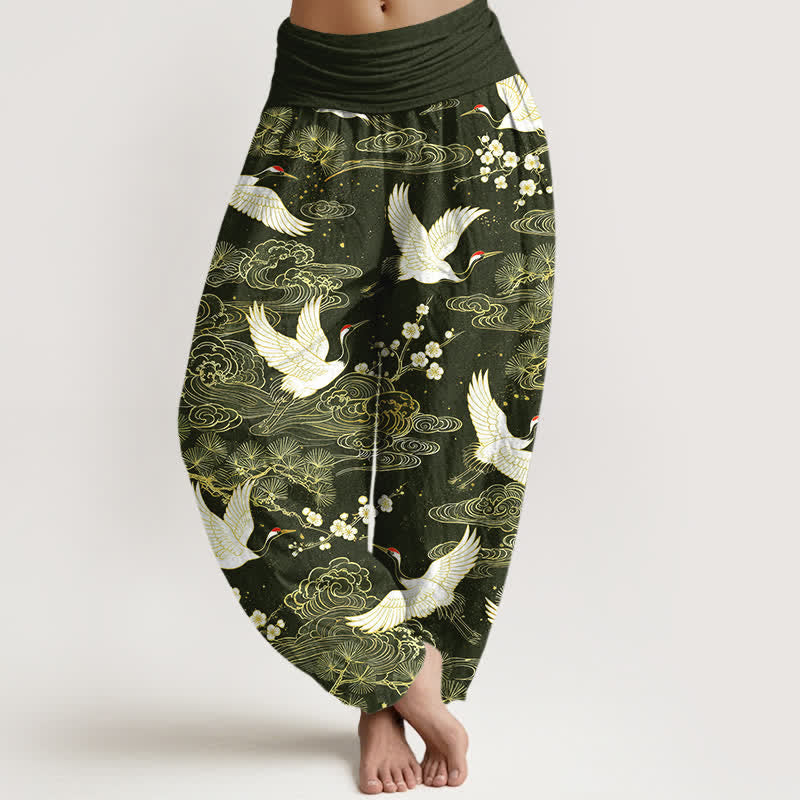 Buddha Stones Cotton Oriental Crane Floral Pattern Women's Elastic Waist Harem Pants - DarkOliveGreen - US16,UK/AU20,EU48 (3XL) - image 5