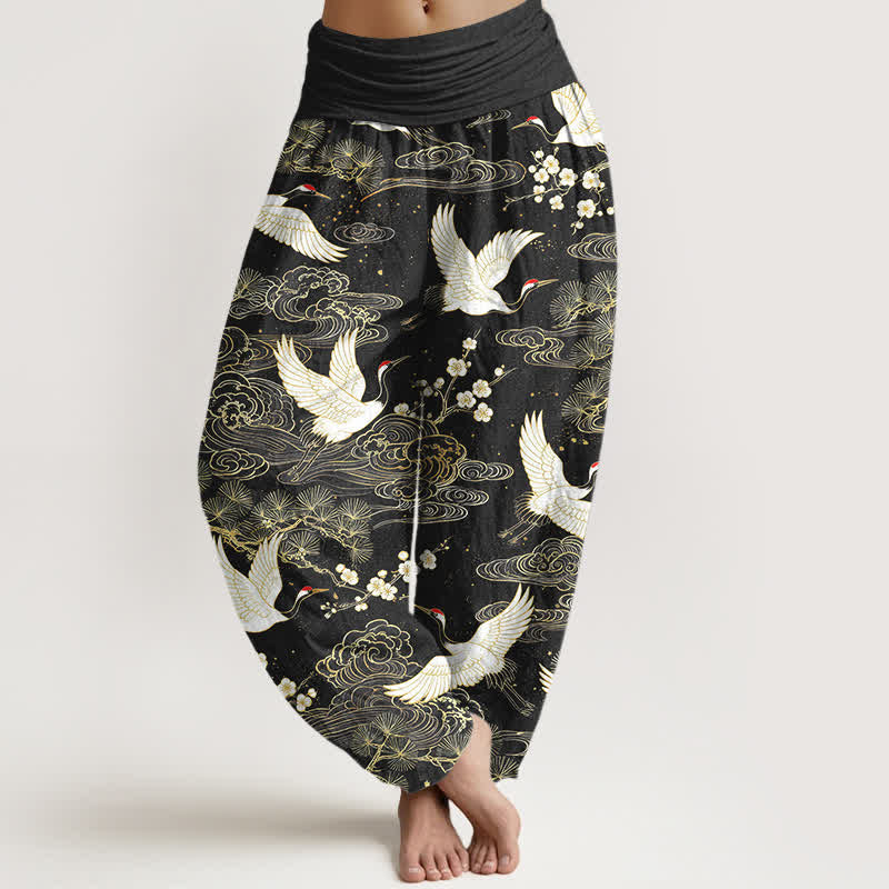 Buddha Stones Cotton Oriental Crane Floral Pattern Women's Elastic Waist Harem Pants - Black - US16,UK/AU20,EU48 (3XL) - image 8