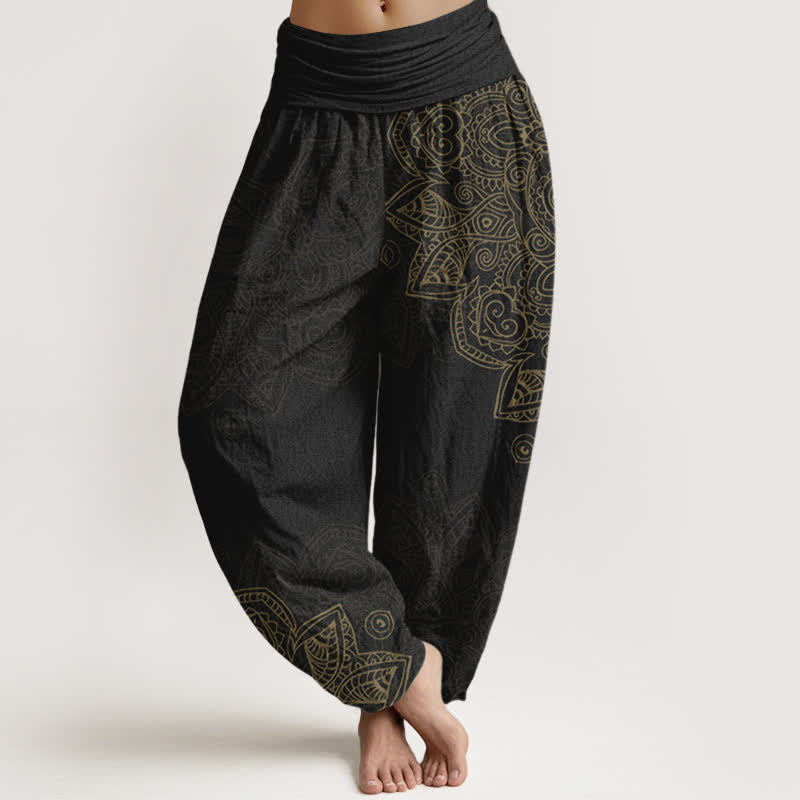 Buddha Stones Cotton Vintage Mandala Vine Pattern Women's Elastic Waist Harem Pants - Black - US16,UK/AU20,EU48 (3XL) - image 0