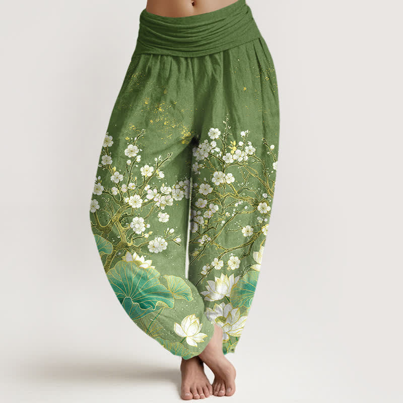 Buddha Stones Cotton Botanical Lotus Flower Pattern Women's Elastic Waist Harem Pants - OliveDrab - US16,UK/AU20,EU48 (3XL) - image 0