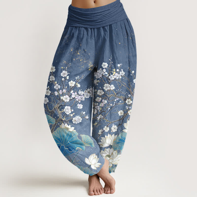 Buddha Stones Cotton Botanical Lotus Flower Pattern Women's Elastic Waist Harem Pants - SteelBlue - US16,UK/AU20,EU48 (3XL) - image 5