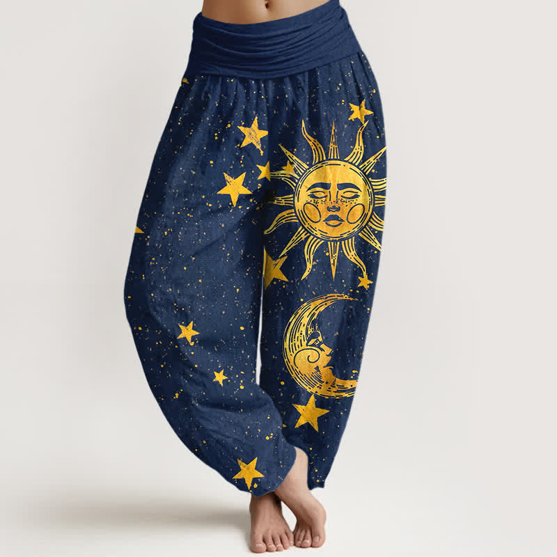 Buddha Stones Cotton Golden Sun Stars Pattern Women's Elastic Waist Harem Pants - Navy - US16,UK/AU20,EU48 (3XL) - image 0