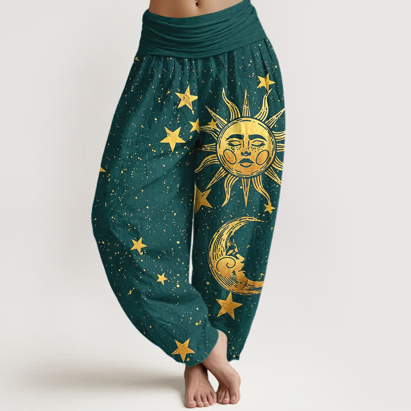 Buddha Stones Cotton Golden Sun Stars Pattern Women's Elastic Waist Harem Pants - Teal - US16,UK/AU20,EU48 (3XL) - image 5