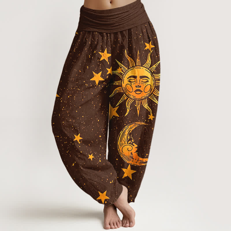 Buddha Stones Cotton Golden Sun Stars Pattern Women's Elastic Waist Harem Pants - SaddleBrown - US16,UK/AU20,EU48 (3XL) - image 8