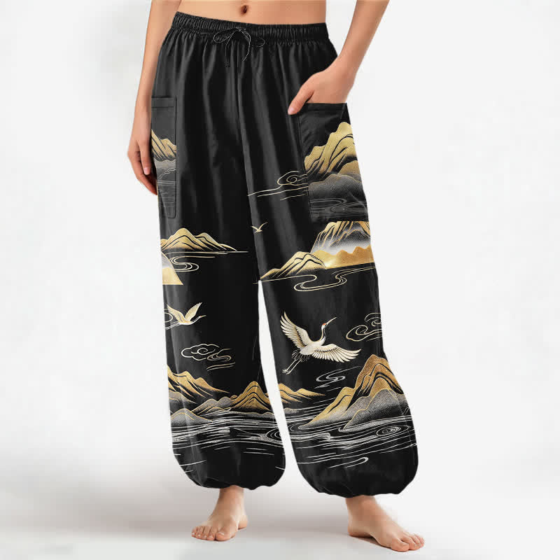 Buddha Stones Cotton Serene Landscape Crane Pattern Women's Elastic Waist Harem Pants With Side Pockets - Black - US16,UK/AU20,EU48 (3XL) - image 0