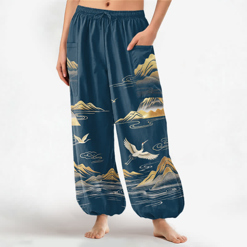 Buddha Stones Cotton Serene Landscape Crane Pattern Women's Elastic Waist Harem Pants With Side Pockets - SteelBlue - US16,UK/AU20,EU48 (3XL) - image 7