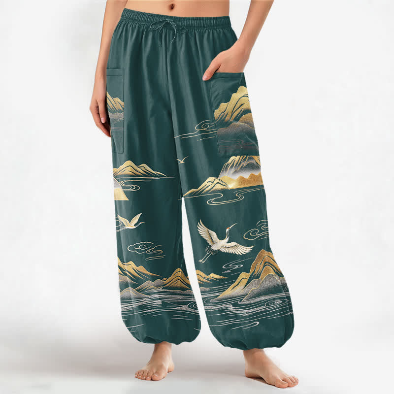 Buddha Stones Cotton Serene Landscape Crane Pattern Women's Elastic Waist Harem Pants With Side Pockets - Teal - US16,UK/AU20,EU48 (3XL) - image 10