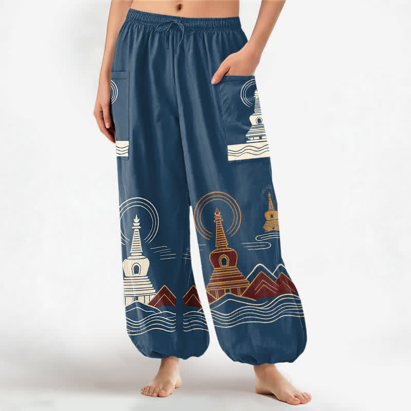 Buddha Stones Cotton Vintage Pagoda Scenic Pattern Women's Elastic Waist Harem Pants With Side Pockets - SteelBlue - US16,UK/AU20,EU48 (3XL) - image 0