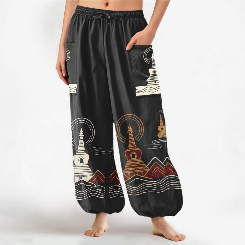 Buddha Stones Cotton Vintage Pagoda Scenic Pattern Women's Elastic Waist Harem Pants With Side Pockets - Black - US16,UK/AU20,EU48 (3XL) - image 7