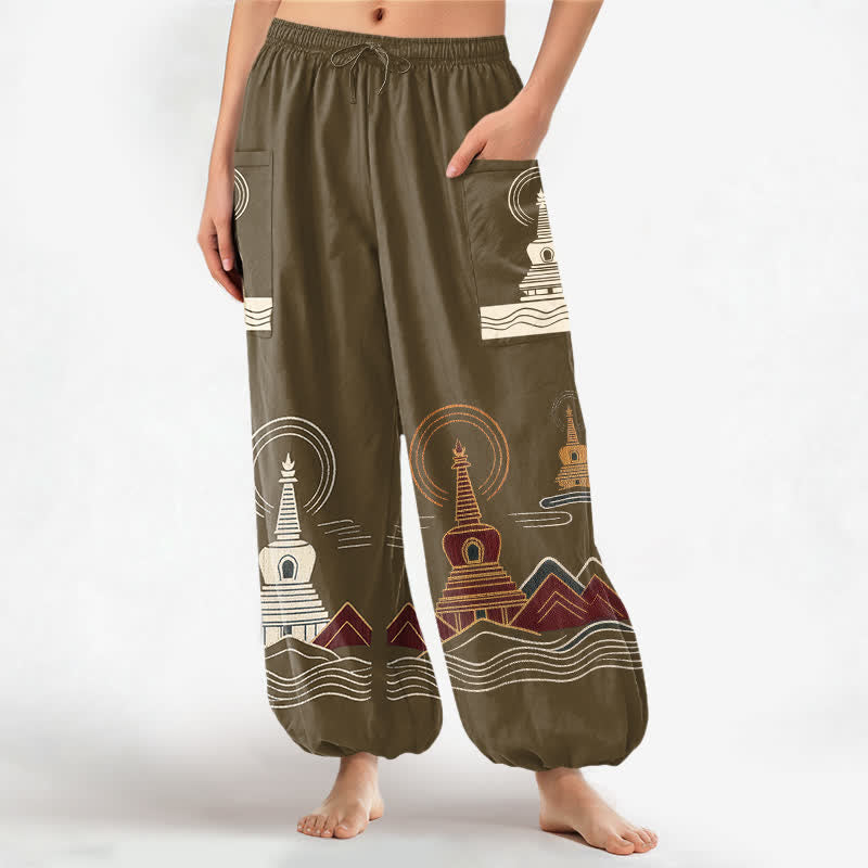 Buddha Stones Cotton Vintage Pagoda Scenic Pattern Women's Elastic Waist Harem Pants With Side Pockets - Olive - US16,UK/AU20,EU48 (3XL) - image 10