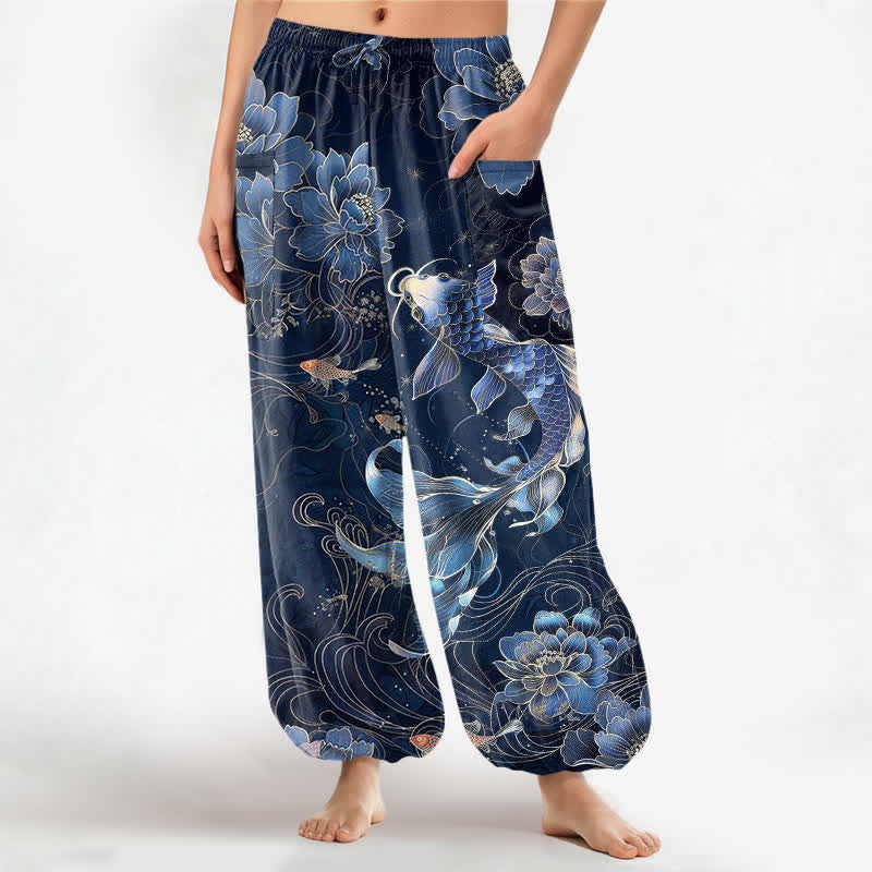 Buddha Stones Cotton Artistic Koi Peony Pattern Women's Elastic Waist Harem Pants With Side Pockets - Navy - US16,UK/AU20,EU48 (3XL) - image 0