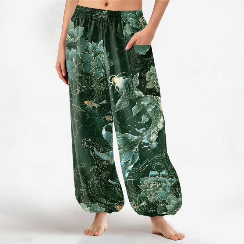 Buddha Stones Cotton Artistic Koi Peony Pattern Women's Elastic Waist Harem Pants With Side Pockets - ForestGreen - US16,UK/AU20,EU48 (3XL) - image 7