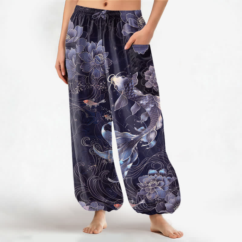Buddha Stones Cotton Artistic Koi Peony Pattern Women's Elastic Waist Harem Pants With Side Pockets - Indigo - US16,UK/AU20,EU48 (3XL) - image 10