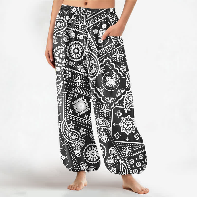 Buddha Stones Cotton Bohemian Paisley Bandana Pattern Women's Elastic Waist Harem Pants With Side Pockets - Black - US16,UK/AU20,EU48 (3XL) - image 0