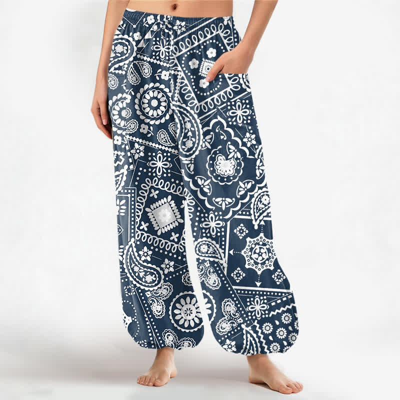 Buddha Stones Cotton Bohemian Paisley Bandana Pattern Women's Elastic Waist Harem Pants With Side Pockets - Navy - US16,UK/AU20,EU48 (3XL) - image 7