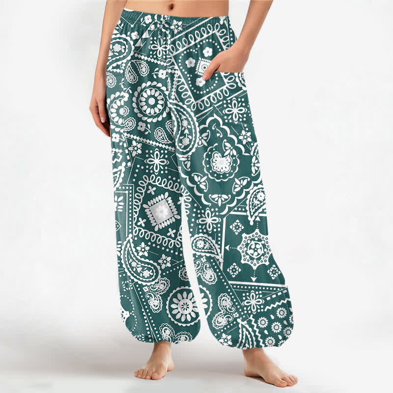 Buddha Stones Cotton Bohemian Paisley Bandana Pattern Women's Elastic Waist Harem Pants With Side Pockets - Teal - US16,UK/AU20,EU48 (3XL) - image 10