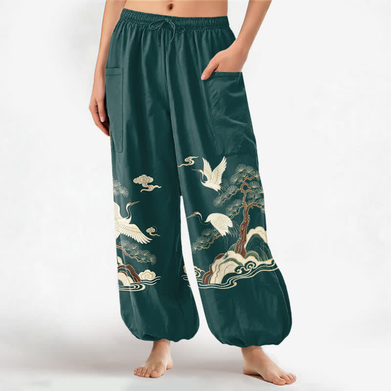 Buddha Stones Cotton Oriental Crane Pine Pattern Women's Elastic Waist Harem Pants With Side Pockets - Teal - US16,UK/AU20,EU48 (3XL) - image 0