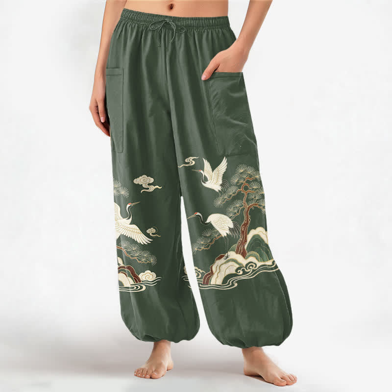 Buddha Stones Cotton Oriental Crane Pine Pattern Women's Elastic Waist Harem Pants With Side Pockets - DarkOliveGreen - US16,UK/AU20,EU48 (3XL) - image 7