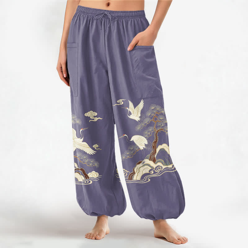 Buddha Stones Cotton Oriental Crane Pine Pattern Women's Elastic Waist Harem Pants With Side Pockets - MediumPurple - US16,UK/AU20,EU48 (3XL) - image 10