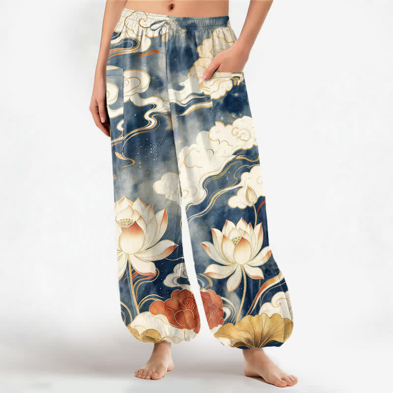 Buddha Stones Cotton Oriental Lotus Cloud Pattern Women's Elastic Waist Harem Pants With Side Pockets - Navy - US16,UK/AU20,EU48 (3XL) - image 0