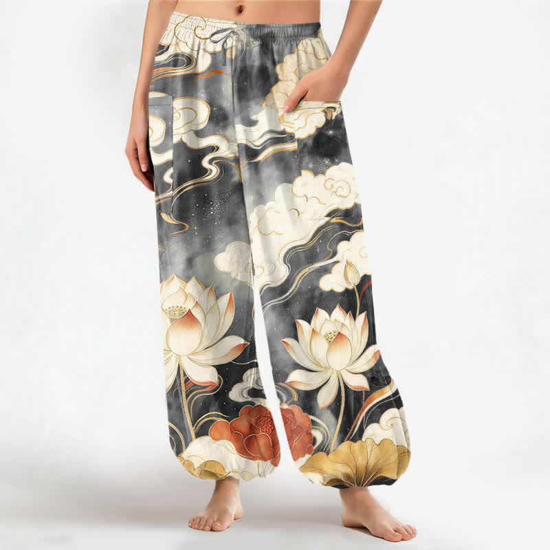 Buddha Stones Cotton Oriental Lotus Cloud Pattern Women's Elastic Waist Harem Pants With Side Pockets - DimGray - US16,UK/AU20,EU48 (3XL) - image 7