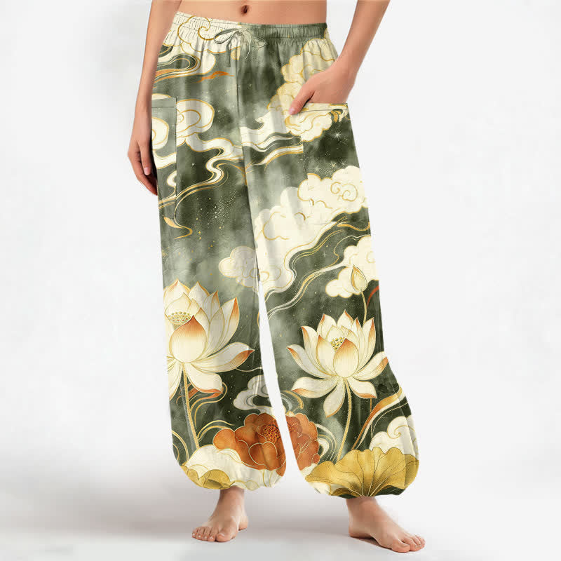 Buddha Stones Cotton Oriental Lotus Cloud Pattern Women's Elastic Waist Harem Pants With Side Pockets - DarkOliveGreen - US16,UK/AU20,EU48 (3XL) - image 10