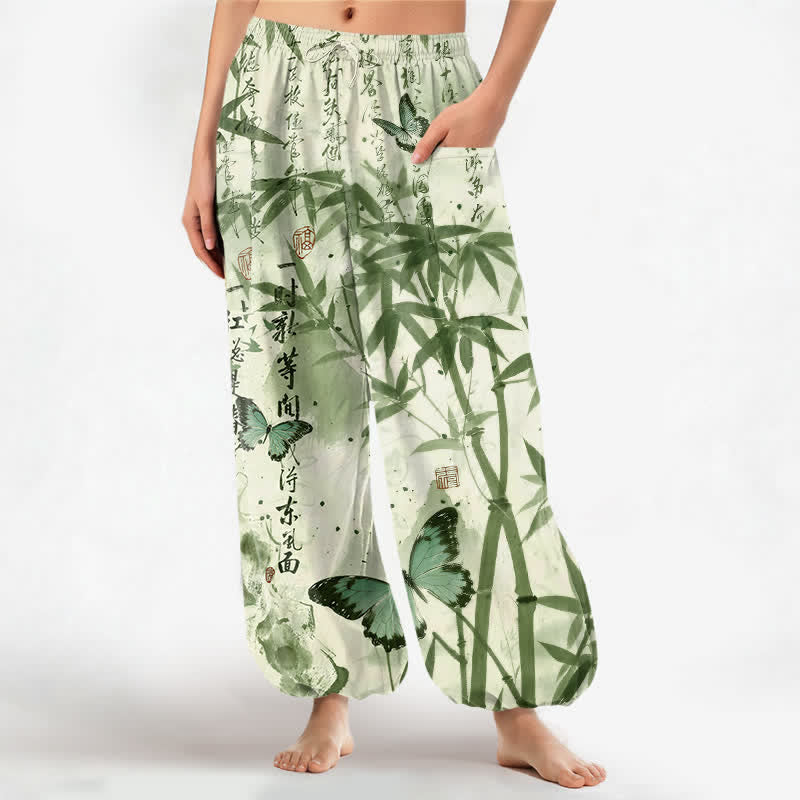 Buddha Stones Cotton Ink Bamboo Butterfly Pattern Women's Elastic Waist Harem Pants With Side Pockets - Honeydew - US16,UK/AU20,EU48 (3XL) - image 7
