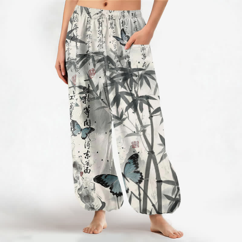 Buddha Stones Cotton Ink Bamboo Butterfly Pattern Women's Elastic Waist Harem Pants With Side Pockets - LightGrey - US16,UK/AU20,EU48 (3XL) - image 0