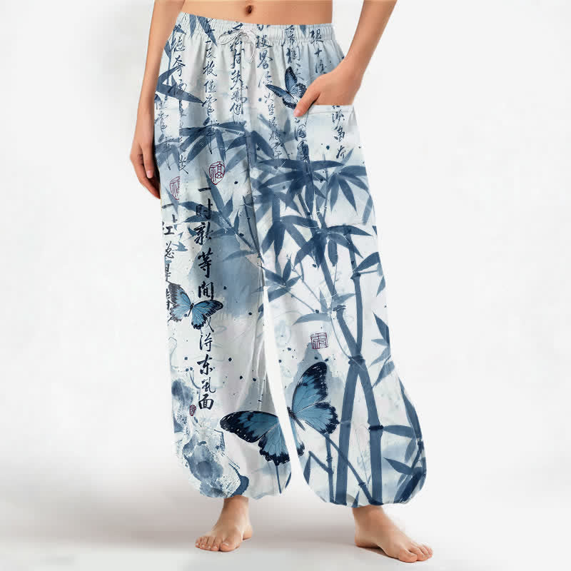 Buddha Stones Cotton Ink Bamboo Butterfly Pattern Women's Elastic Waist Harem Pants With Side Pockets - LightCyan - US16,UK/AU20,EU48 (3XL) - image 10