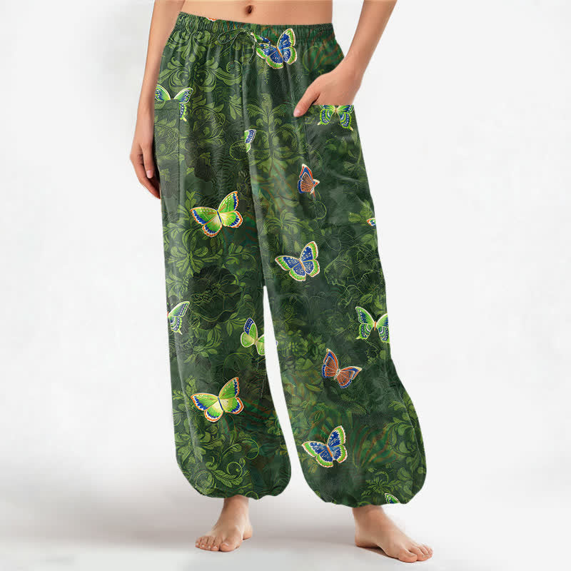 Buddha Stones Cotton Nature Inspired Butterfly Foliage Pattern Women's Elastic Waist Harem Pants With Side Pockets - ForestGreen - US16,UK/AU20,EU48 (3XL) - image 0